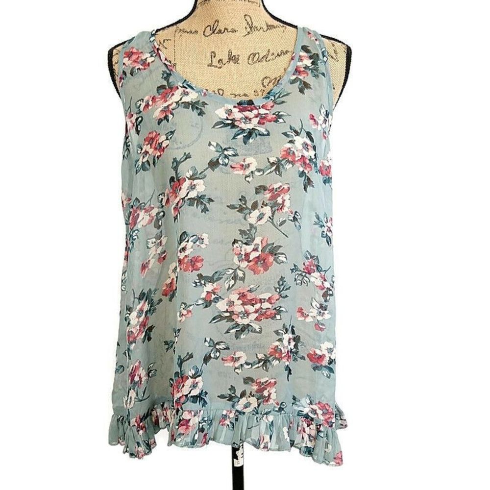 World Market Womens sz S M Tank Top Sheer Blue Floral Sleeveless Ruffle Hem